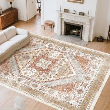 Large Area Rug 8 x 10 ft Anti-Skid Tear-Resistant Floor Mat Vintage Brown Red