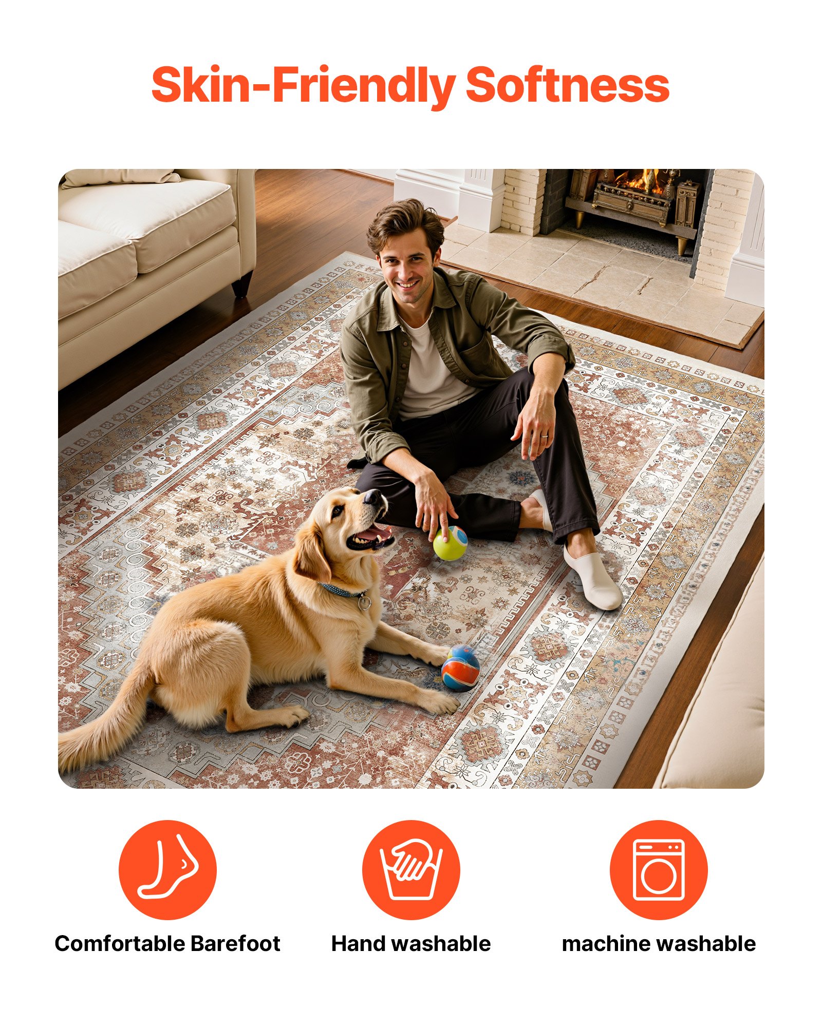 VEVOR Area Rug, 2438.4 x 3048 mm Large Washable Rug, Non-Slip and Tear-Resistant Soft Carpet, Pet & Child Friendly Vintage Area Rugs, Indoor Mat for Bedroom, Living Room, Kids Room, Office, Brown Red