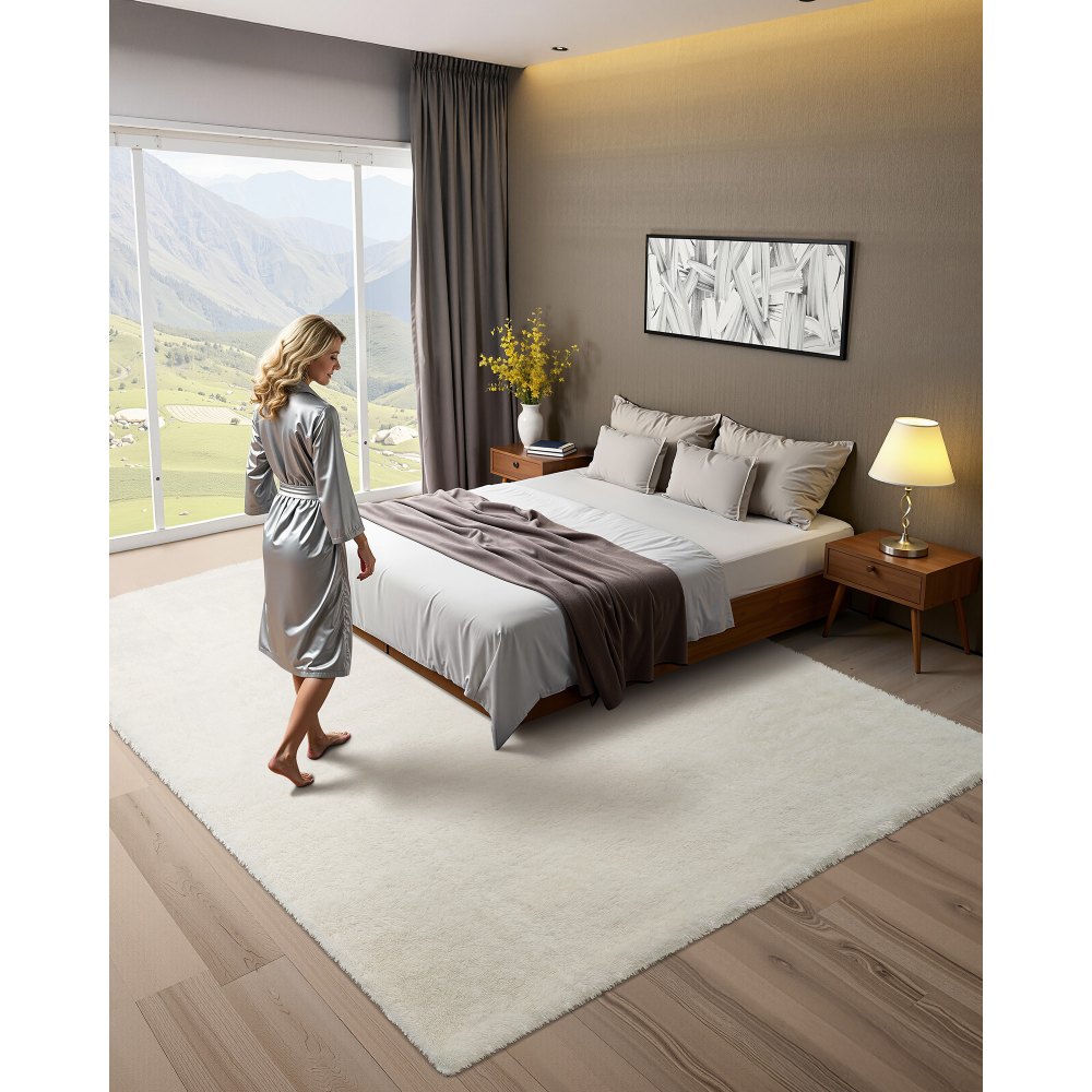 VEVOR Indoor Plush Area Rugs, 2.44 x 3.05m Soft Plush Carpet, Furry Shag Area Rugs for Living Room, Bedroom, Sunroom, Modern Home Decor Aesthetic, Non-Shedding, Non-Woven, Slip-Resistant, Ivory White