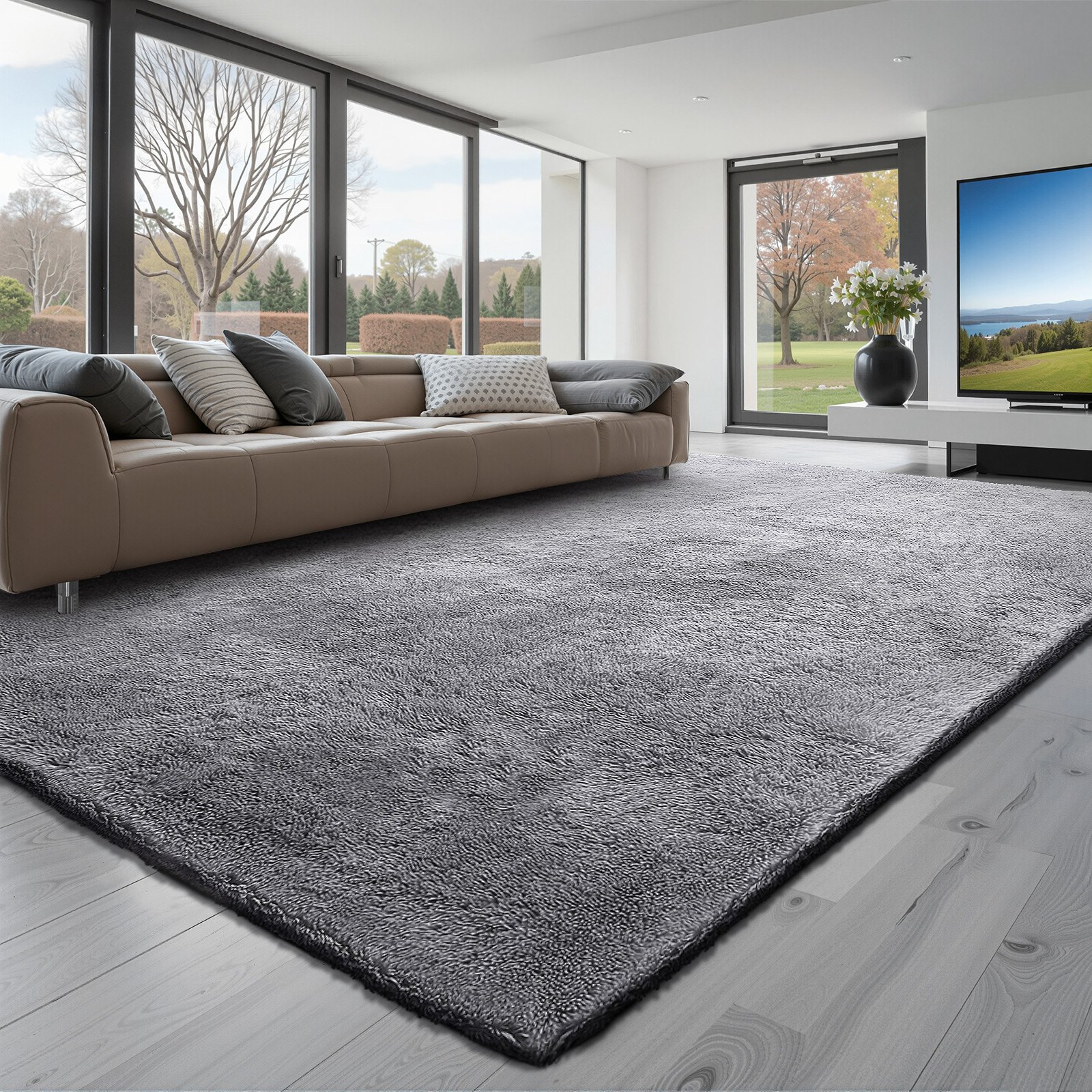 VEVOR Indoor Plush Area Rugs, 2.44 x 3.05m Soft Plush Carpet, Furry Shag Area Rugs for Living Room, Bedroom, Sunroom, Modern Home Decor Aesthetic, Non-Shedding, Non-Woven, Slip-Resistant, Smoke Gray