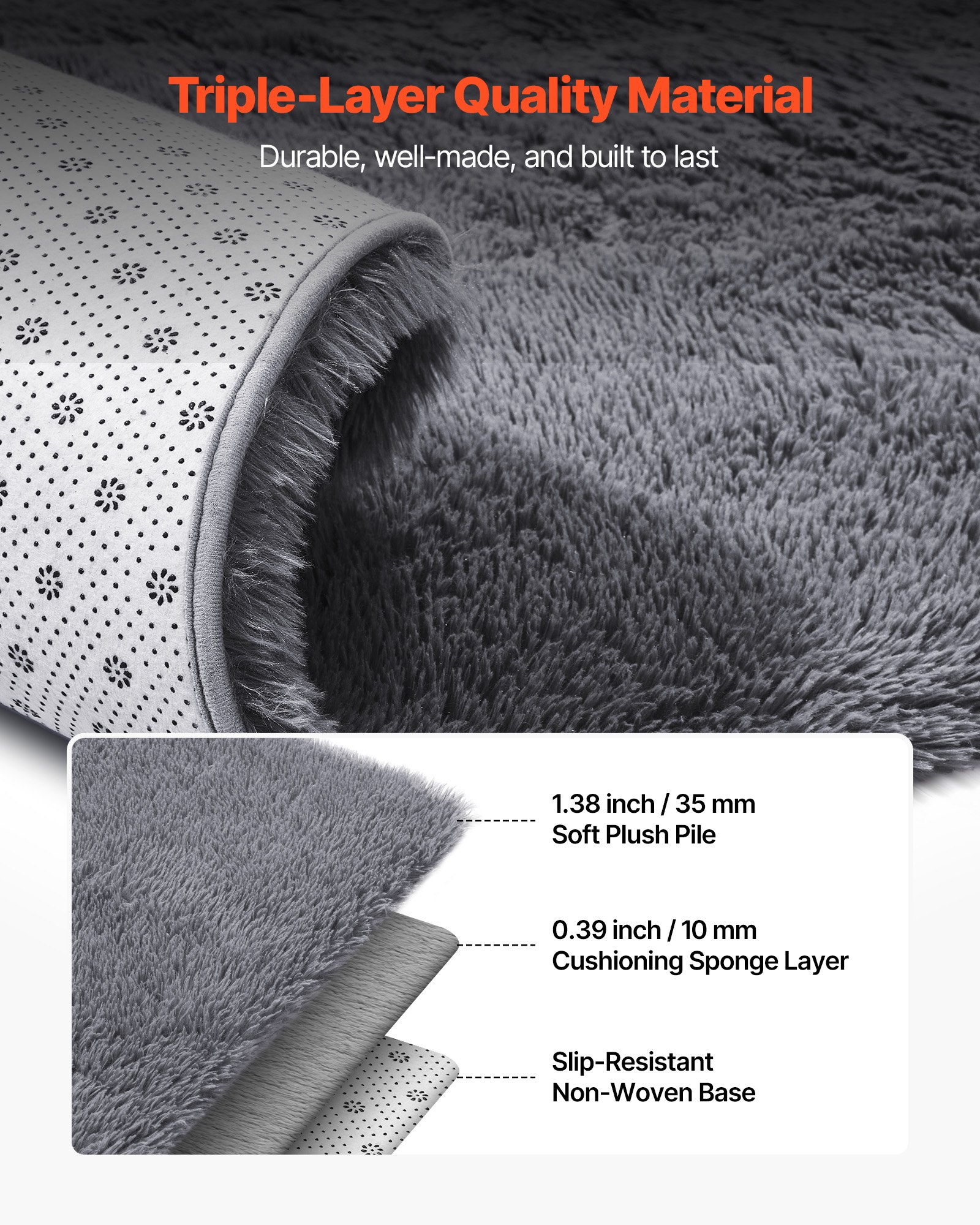 VEVOR Indoor Plush Area Rugs, 2.44 x 3.05m Soft Plush Carpet, Furry Shag Area Rugs for Living Room, Bedroom, Sunroom, Modern Home Decor Aesthetic, Non-Shedding, Non-Woven, Slip-Resistant, Smoke Gray