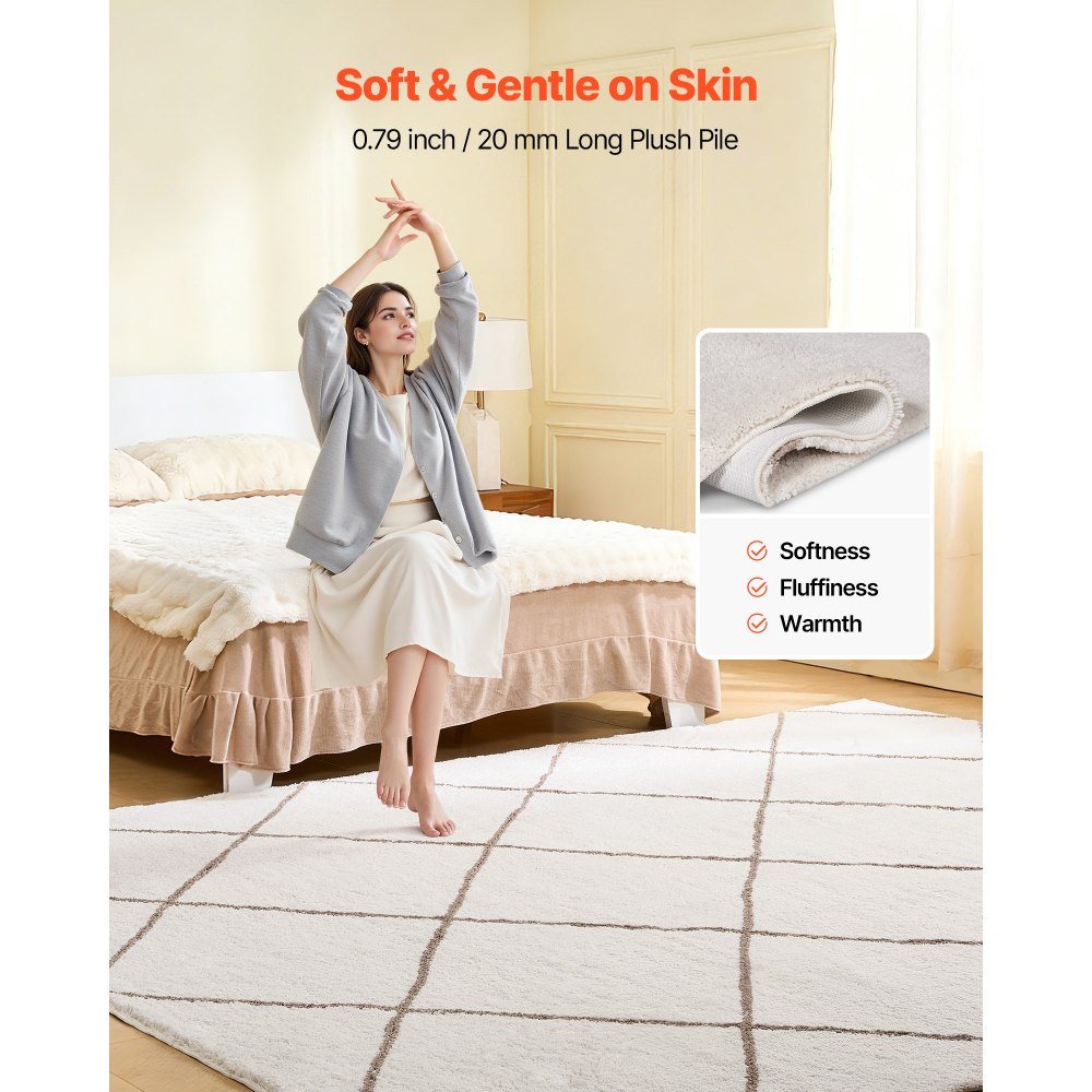 VEVOR Indoor Plush Area Rugs, 2.44 x 3.05m Plush Carpet, Area Rugs Furry with Long Plushs Pile, Thick & Durable High-Pile Rug for High-Traffic Areas, Bedroom, Non-Shedding & Non-Slip Backing, Beige