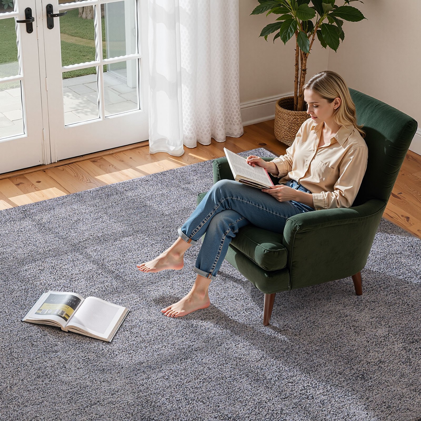 VEVOR Indoor Plush Area Rugs, 2.44 x 3.05m Plush Carpet, Area Rugs Furry with Long Plushs Pile, Thick & Durable High-Pile Rug for High-Traffic Areas, Non-Shedding & Non-Slip Backing, Blue-Gray