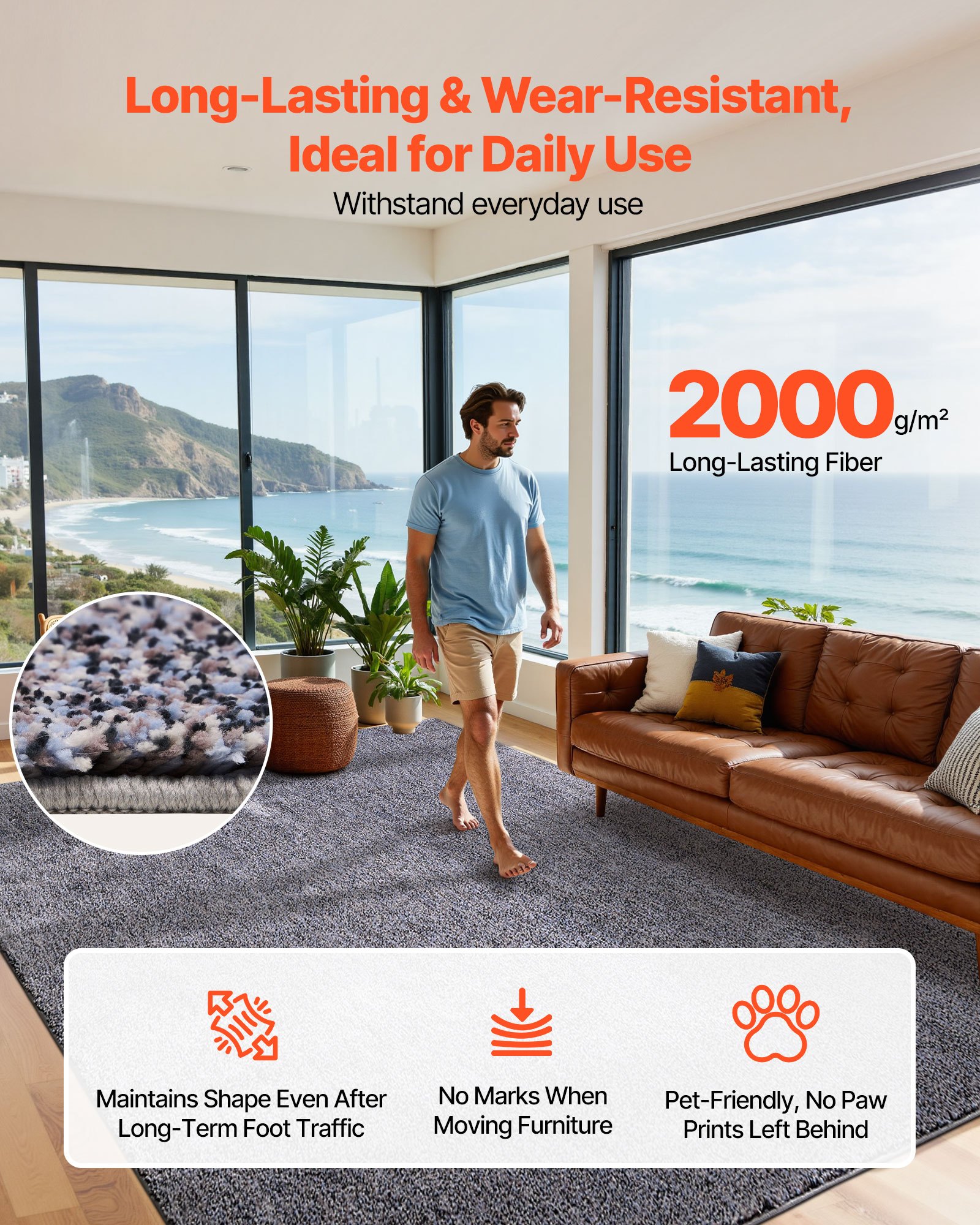 VEVOR Indoor Plush Area Rugs, 2.44 x 3.05m Plush Carpet, Area Rugs Furry with Long Plushs Pile, Thick & Durable High-Pile Rug for High-Traffic Areas, Non-Shedding & Non-Slip Backing, Blue-Gray