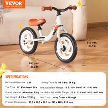 VEVOR Toddler Balance Bike, Lightweight Aluminum Alloy Balance Bicycle for Kids, with Adjustable Seat & Handlebar, 12" EVA Foam Tires, No Pedal Kids Bicycle Gift for 1-5 Years Boys Girls, 55LBS Suppor