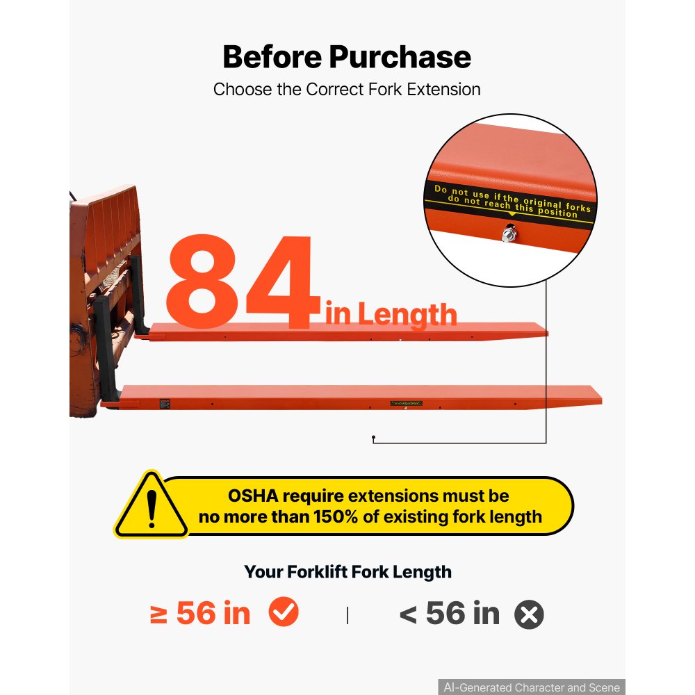 VEVOR Forklift Extensions 2130 x 140 mm, Retaining Loop and Bottom Lock, for Forklifts and Forklift Trucks, Heavy-Duty Industrial Pallet Fork Attachments, Extended Load Handling, Orange, 1 Pair