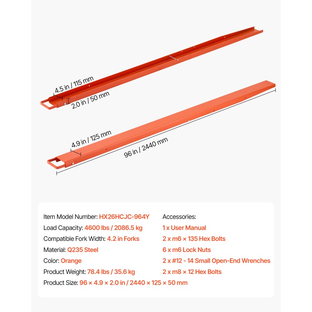 VEVOR Forklift Extensions 2440 x 115 mm, Retaining Loop and Bottom Lock, for Forklifts and Forklift Trucks, Heavy-Duty Industrial Pallet Fork Attachments, Extended Load Handling, Orange, 1 Pair