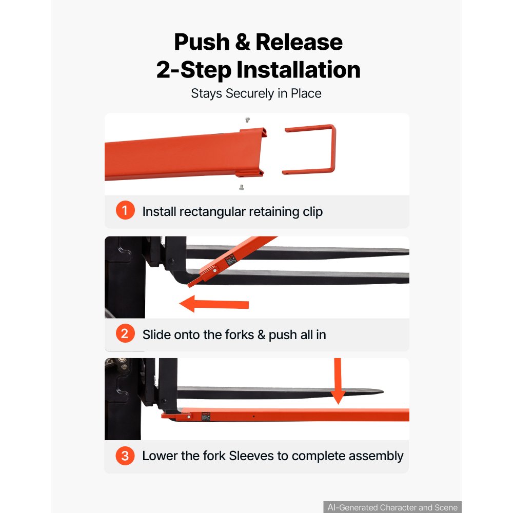 VEVOR Forklift Extensions 2440 x 115 mm, Retaining Loop and Bottom Lock, for Forklifts and Forklift Trucks, Heavy-Duty Industrial Pallet Fork Attachments, Extended Load Handling, Orange, 1 Pair
