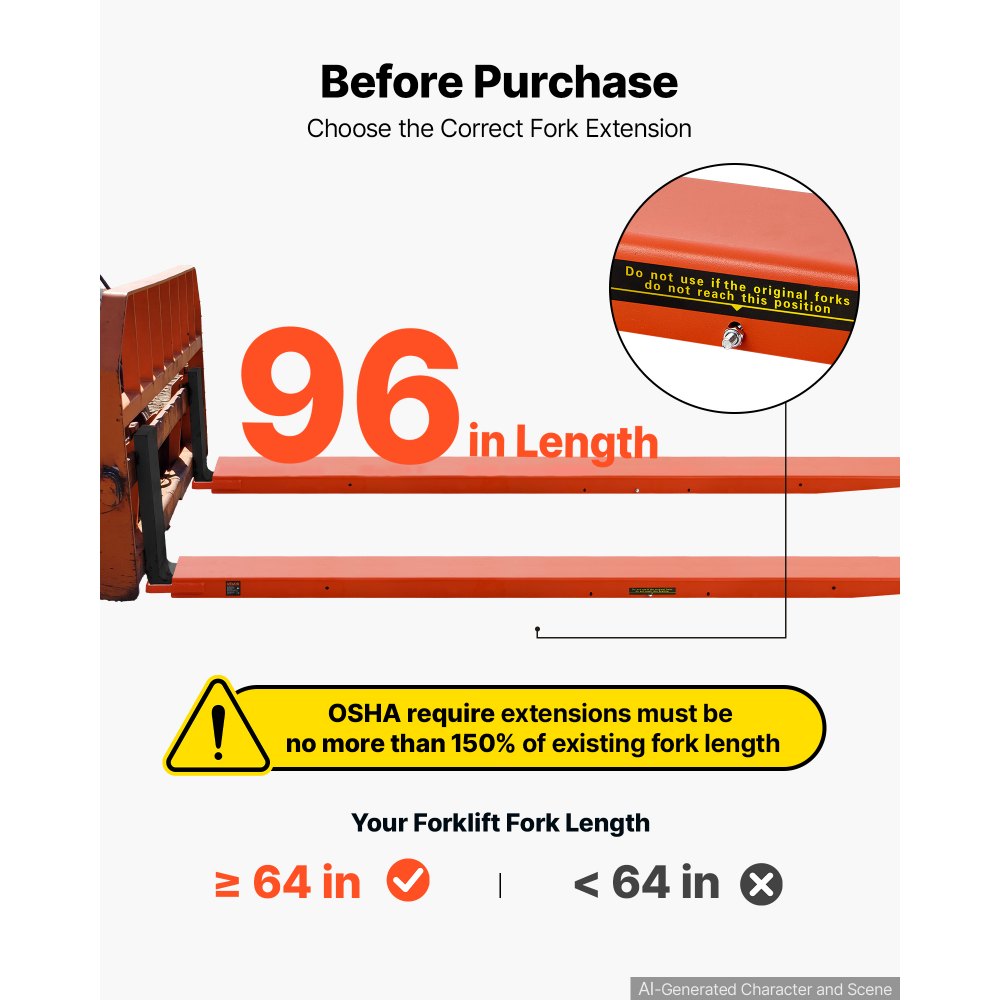 VEVOR Forklift Extensions 2440 x 165 mm, Retaining Loop and Bottom Lock, for Forklifts and Forklift Trucks, Heavy-Duty Industrial Pallet Fork Attachments, Extended Load Handling, Orange, 1 Pair