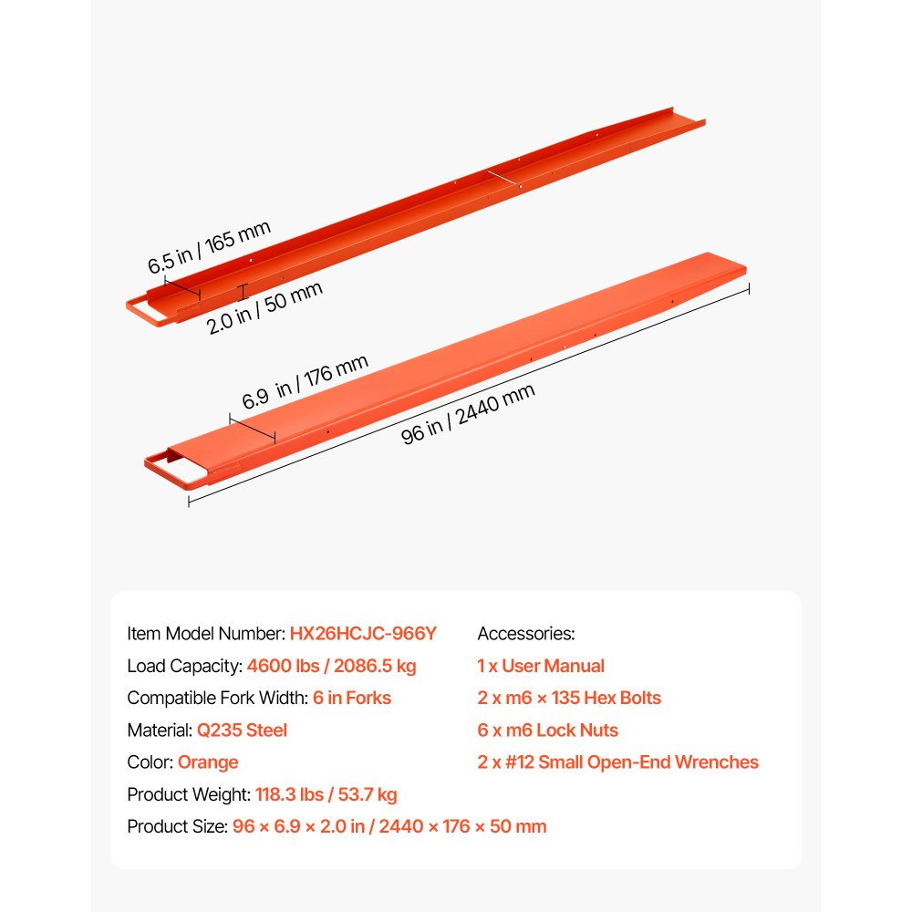 VEVOR Forklift Extensions 2440 x 165 mm, Retaining Loop and Bottom Lock, for Forklifts and Forklift Trucks, Heavy-Duty Industrial Pallet Fork Attachments, Extended Load Handling, Orange, 1 Pair