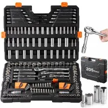 Juego de herramientas mecánicas VEVOR con dados de 1/4", 3/8" y 1/2" (profundos y estándar), 205 piezas SAE y métricas con puntas, llave combinada, llaves hexagonales, accesorios y estuche.