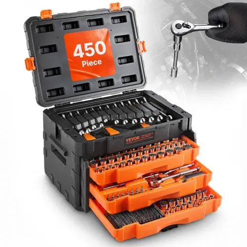 VEVOR Mechanics Tool Set and Socket Set, 450 Pcs, 6.4, 9.5 and 12.7 mm Drive Deep and Standard Sockets, SAE Metric Mechanic Tool Kit with Bits, Wrenches, Accessories, Storage Case with Orange Drawer