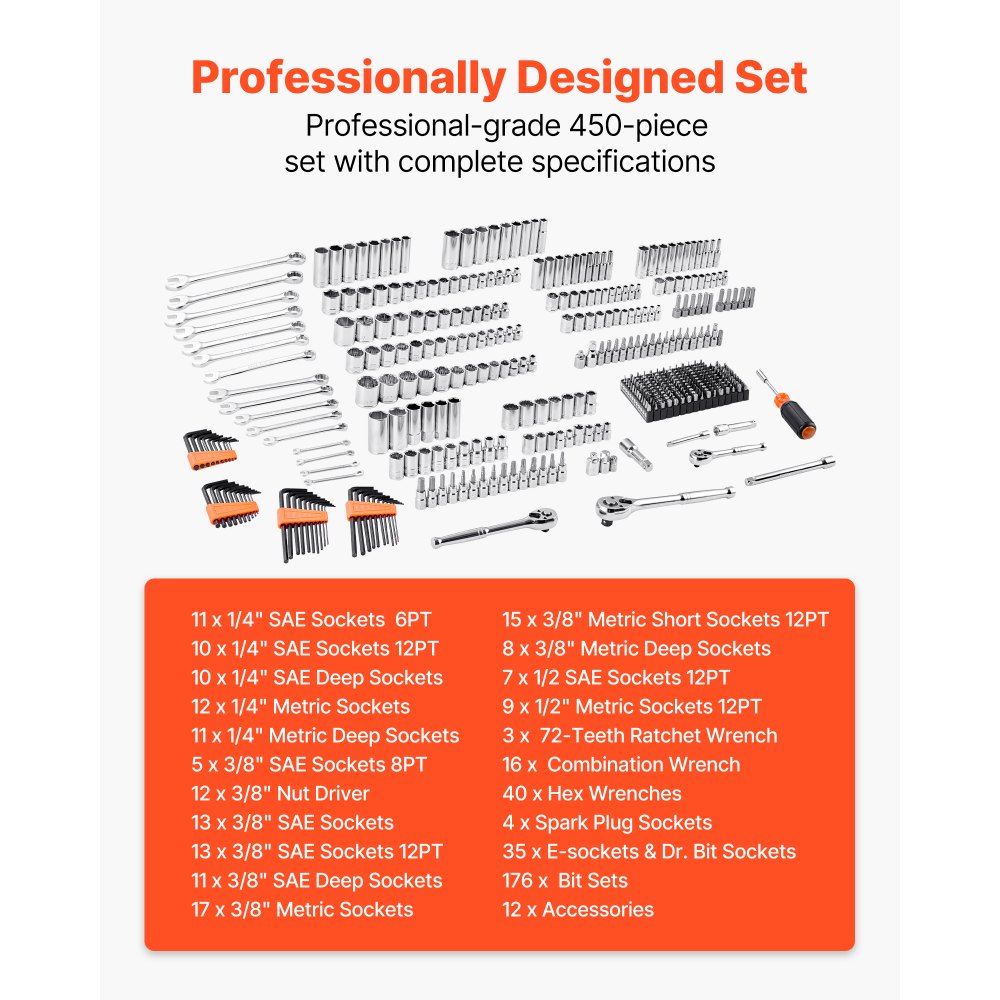 VEVOR Mechanics Tool Set and Socket Set, 450 Pcs, 6.4, 9.5 and 12.7 mm Drive Deep and Standard Sockets, SAE Metric Mechanic Tool Kit with Bits, Wrenches, Accessories, Storage Case with Orange Drawer