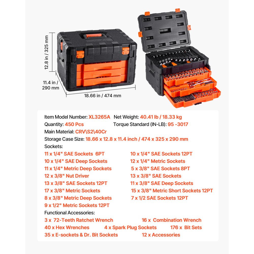 VEVOR Mechanics Tool Set and Socket Set, 450 Pcs, 6.4, 9.5 and 12.7 mm Drive Deep and Standard Sockets, SAE Metric Mechanic Tool Kit with Bits, Wrenches, Accessories, Storage Case with Orange Drawer