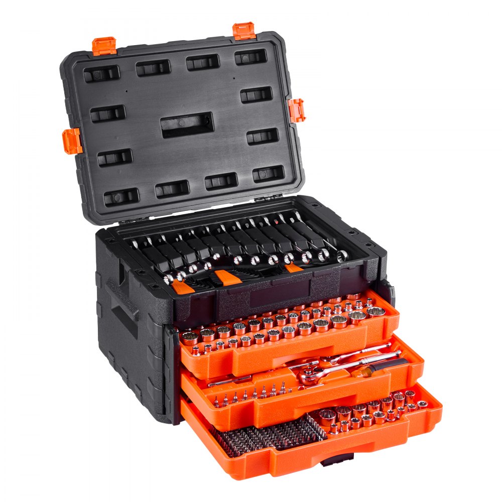 VEVOR Mechanics Tool Set and Socket Set, 450 Pcs, 6.4, 9.5 and 12.7 mm Drive Deep and Standard Sockets, SAE Metric Mechanic Tool Kit with Bits, Wrenches, Accessories, Storage Case with Orange Drawer