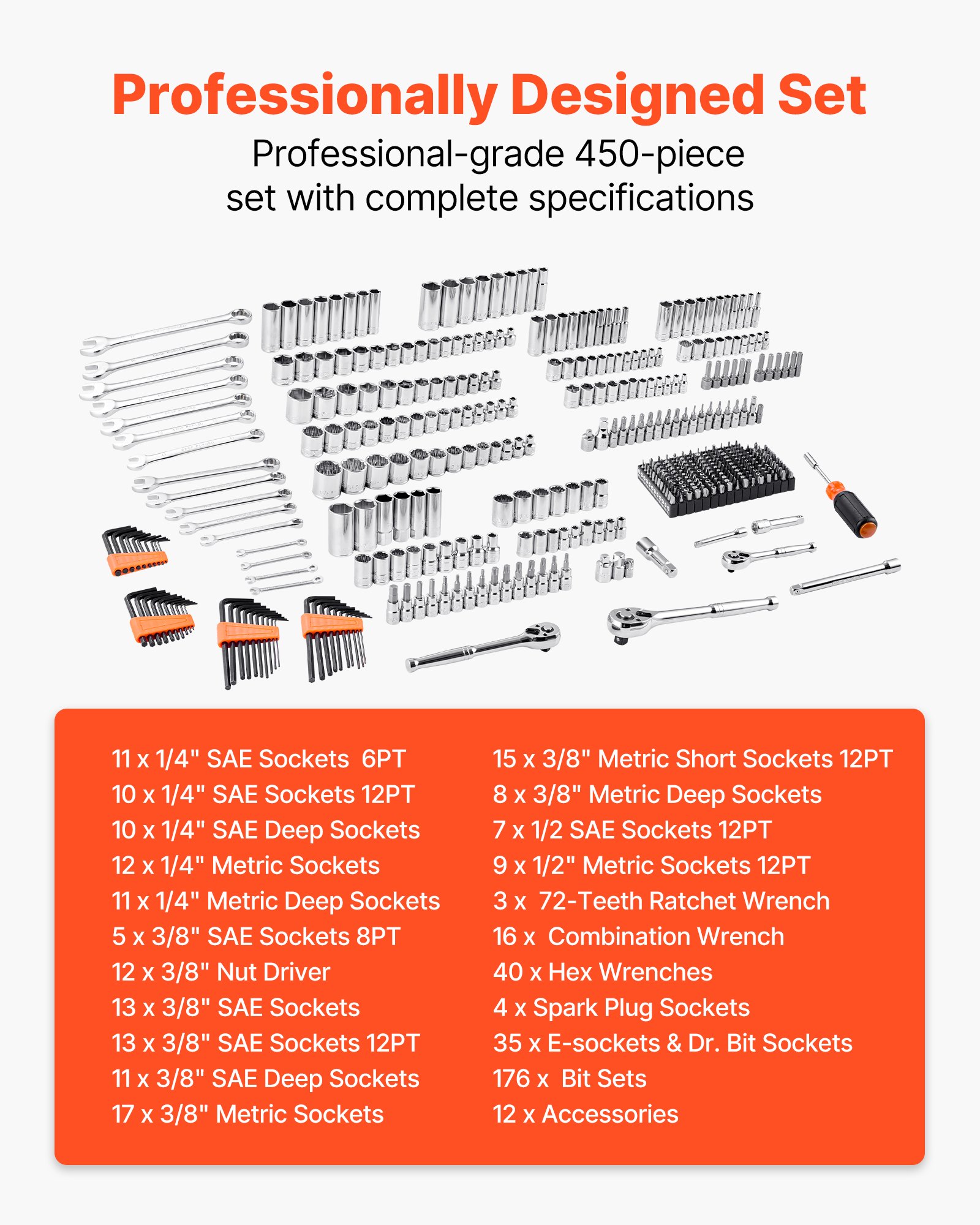 VEVOR Mechanics Tool Set and Socket Set, 450 Pcs, 6.4, 9.5 and 12.7 mm Drive Deep and Standard Sockets, SAE Metric Mechanic Tool Kit with Bits, Wrenches, Accessories, Storage Case with Orange Drawer