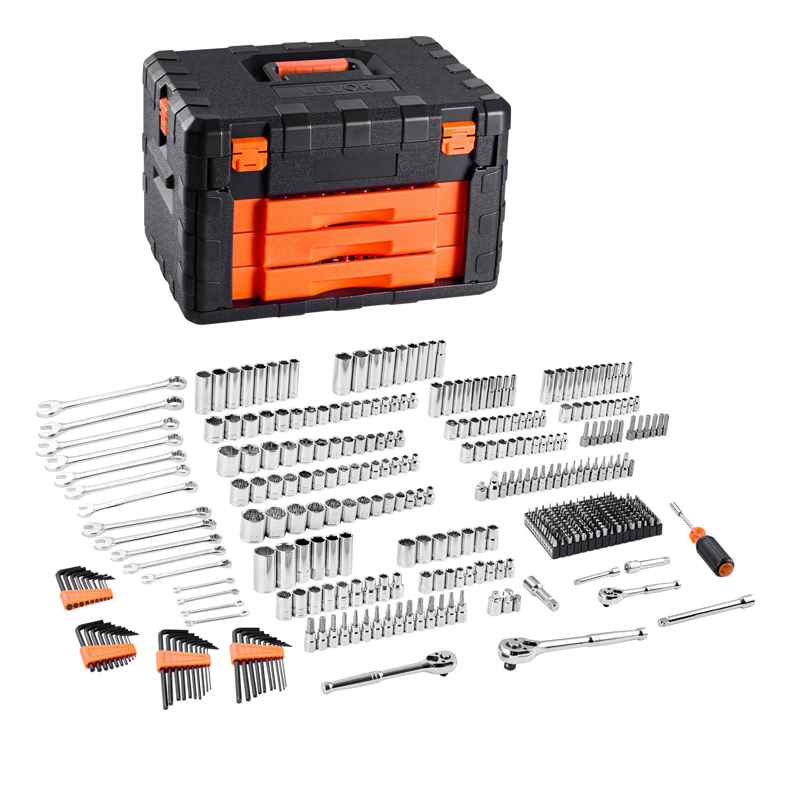 VEVOR Mechanics Tool Set and Socket Set, 450 Pcs, 6.4, 9.5 and 12.7 mm Drive Deep and Standard Sockets, SAE Metric Mechanic Tool Kit with Bits, Wrenches, Accessories, Storage Case with Orange Drawer