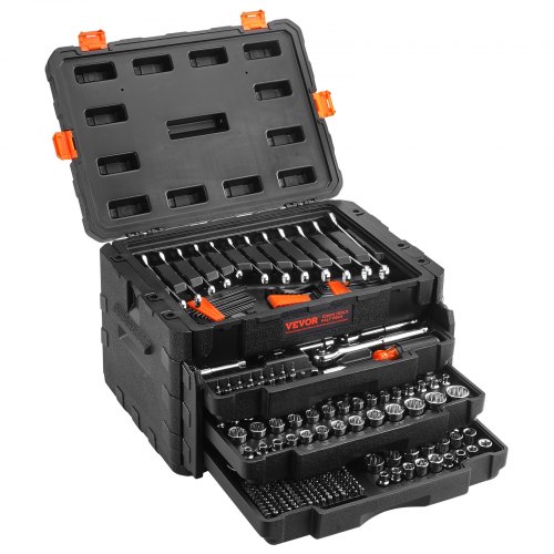 VEVOR Mechanics Tool Set and Socket Set, 1/4" 3/8" 1/2" Drive Deep and Standard Sockets, 450 Pcs SAE and Metric Mechanic Tool Kit with Bits, Hex Wrenches, Combination Wrench, Accessories, Storage Case