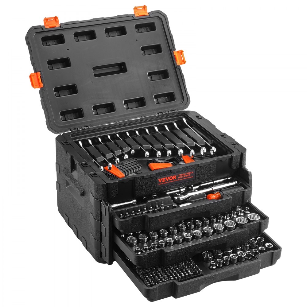 VEVOR Mechanics Tool Set and Socket Set, 1/4" 3/8" 1/2" Drive Deep and Standard Sockets, 450 Pcs SAE and Metric Mechanic Tool Kit with Bits, Hex Wrenches, Combination Wrench, Accessories, Storage Case
