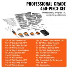 VEVOR Mechanics Tool Set and Socket Set, 1/4" 3/8" 1/2" Drive Deep and Standard Sockets, 450 Pcs SAE and Metric Mechanic Tool Kit with Bits, Hex Wrenches, Combination Wrench, Accessories, Storage Case