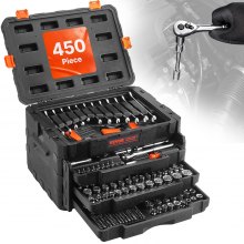 VEVOR Mechanics Tool Set and Socket Set, 1/4" 3/8" 1/2" Drive Deep and Standard Sockets, 450 Pcs SAE and Metric Mechanic Tool Kit with Bits, Hex Wrenches, Combination Wrench, Accessories, Storage Case