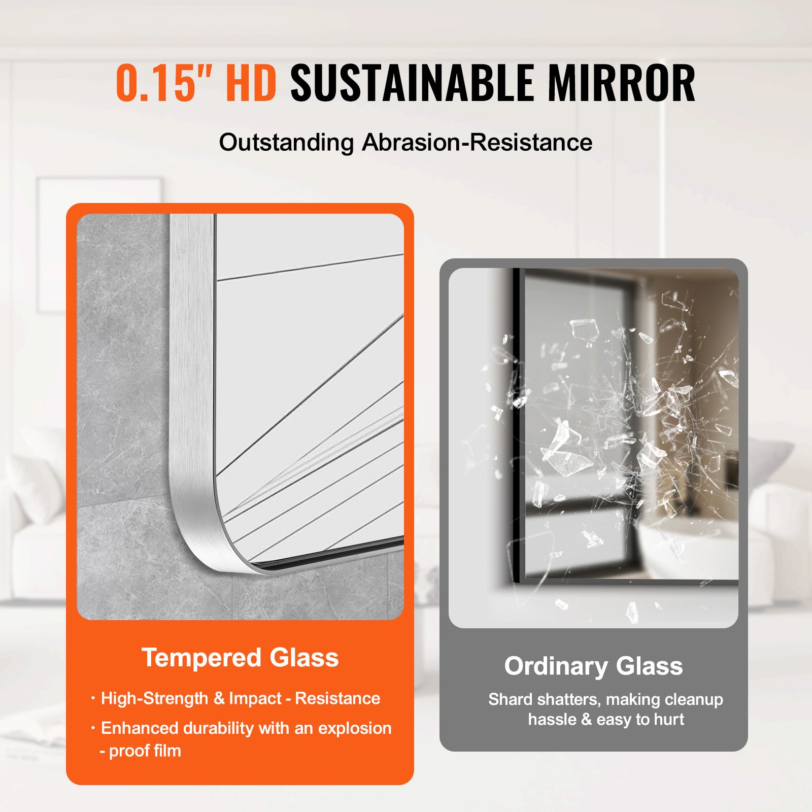 VEVOR Wall Mounted Makeup Mirror, 0.15" Thick, 22" x 30" Mirror with Aluminium Alloy Frame & Explosion-Proof Film, Scratch-Resistant Mirror with Z-Shaped Bracket, Fit for Bathroom/Bedroom/Living Room