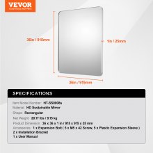 VEVOR Square Wall Mounted Mirror 36" x 36" Mirror with Aluminium Alloy Frame