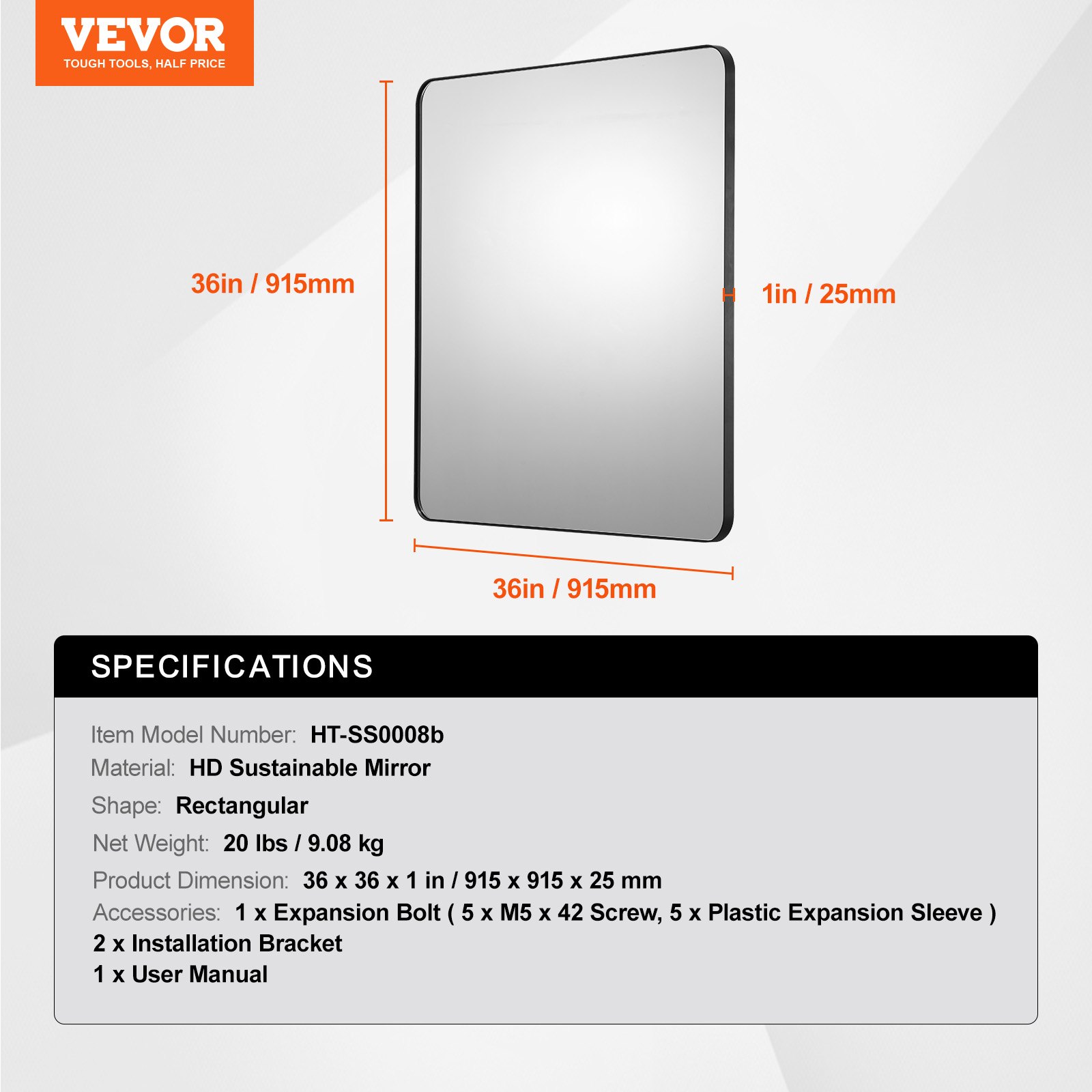 VEVOR Wall Mounted Makeup Mirror, 0.15" Thick, 36" x 36" Mirror with Aluminium Alloy Frame & Explosion-Proof Film, Scratch-Resistant Mirror with Z-Shaped Bracket, Fit for Bathroom/Bedroom/Living Room
