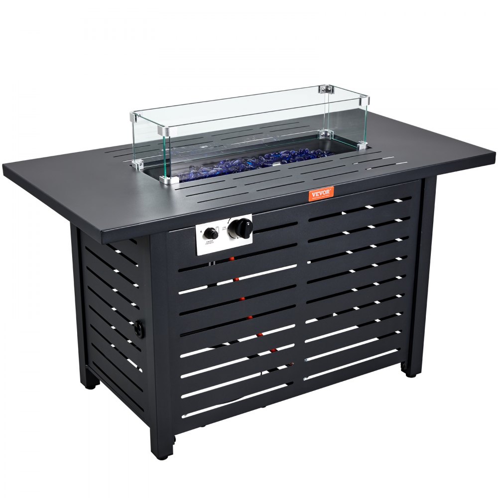VEVOR gas fire pit table with glass wind guard, blue fire glass, and sleek black metal design.