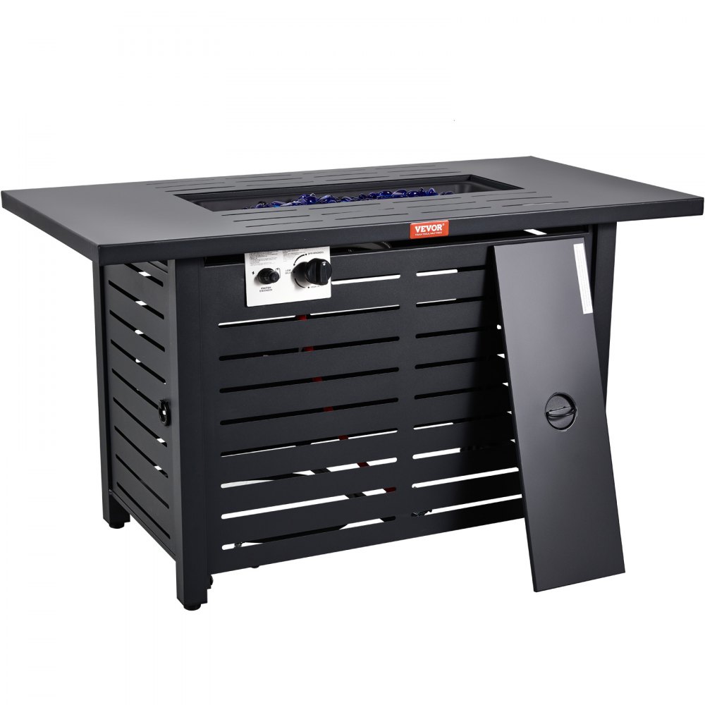black VEVOR gas fire pit table with slatted design, control panel, and blue glass stones in the fire tray.