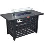 VEVOR gas fire pit table with glass wind guard, blue fire glass, and sleek black metal design.