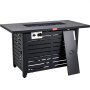 black VEVOR gas fire pit table with slatted design, control panel, and blue glass stones in the fire tray.