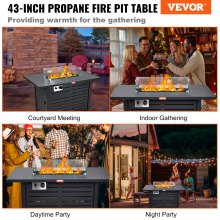 VEVOR Gas Fire Pit Table, 43 In 50000 BTU, Propane Outdoor Wicker Patio fire Pits with Carbon Steel Tabletop, Lava Rock, Glass Wind Guard, Cover, Add Warmth to Gathering on Garden Backyard, CSA Listed