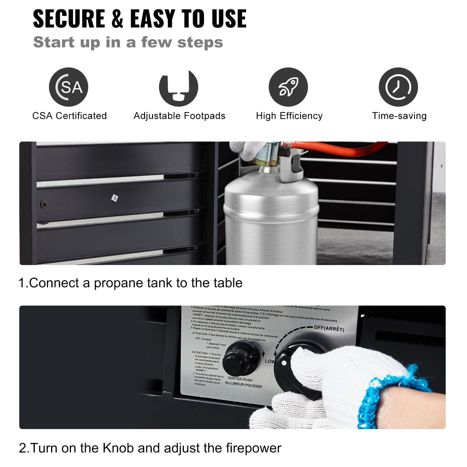 secure &amp; easy to use VEVOR gas fire pit table steps: connect propane, turn knob to adjust firepower.
