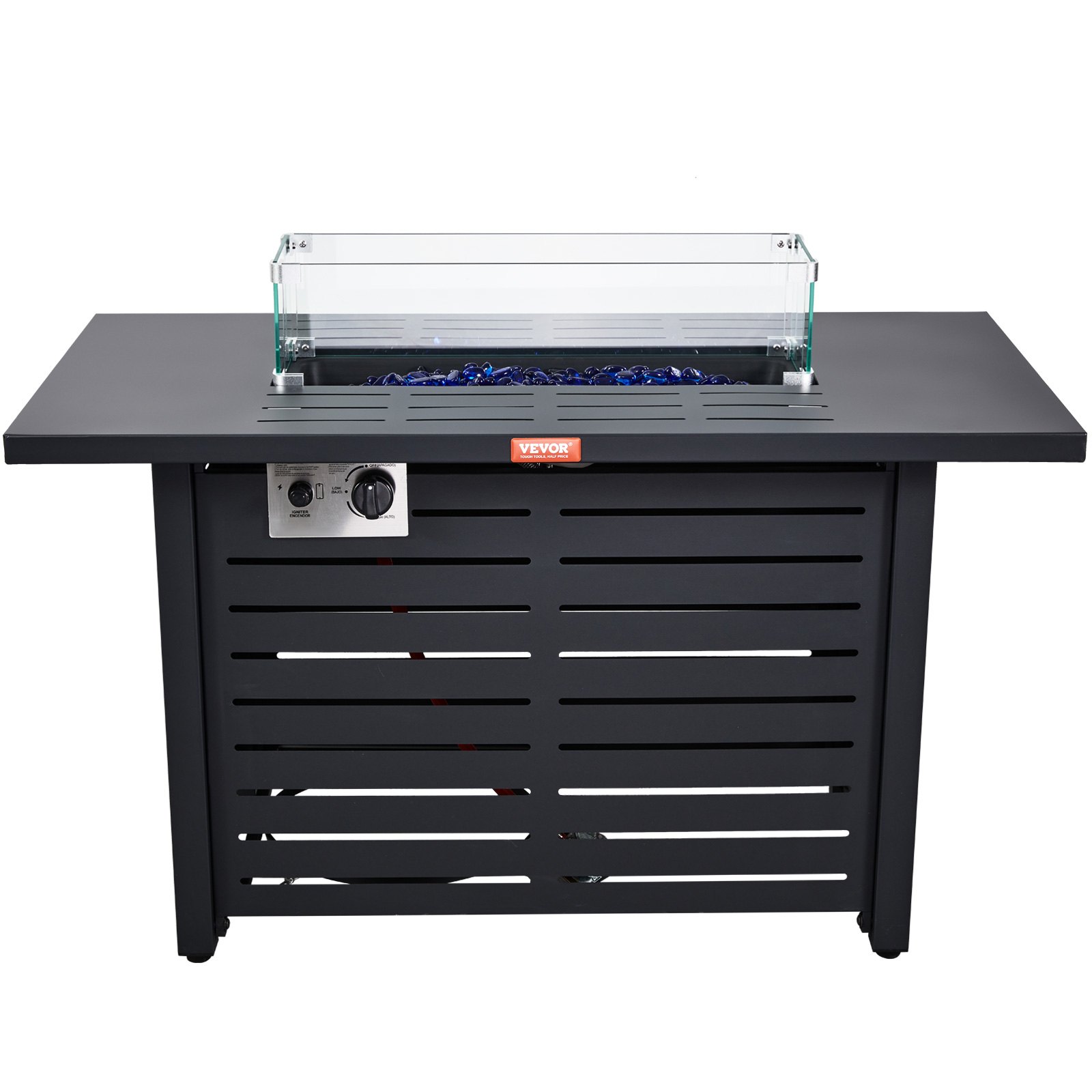black VEVOR gas fire pit table with blue fire glass, glass guard, and control knob on the front panel.