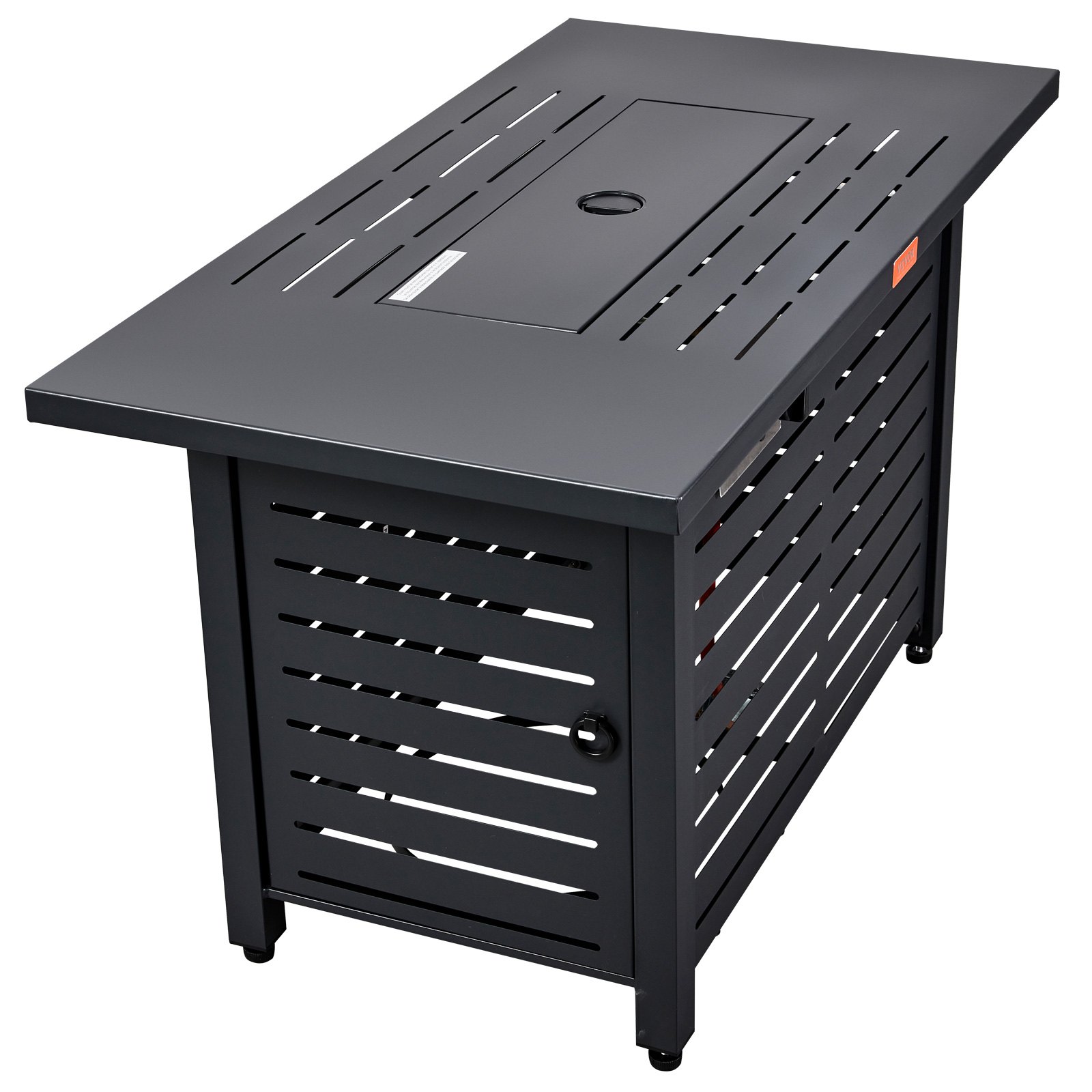 metal VEVOR gas fire pit table with a sleek, rectangular design and slatted details on the sides