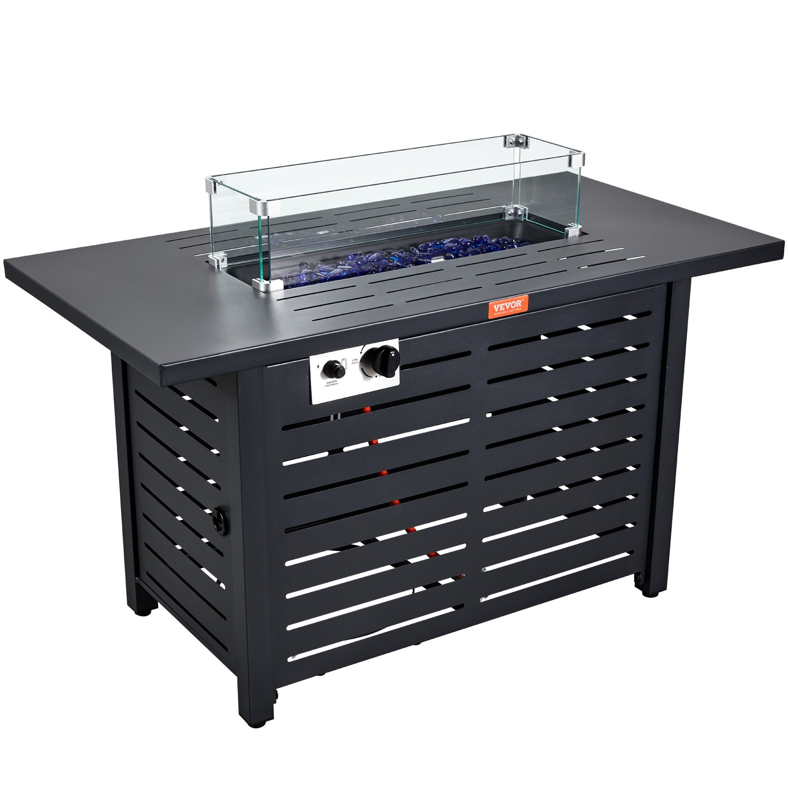 VEVOR gas fire pit table with glass wind guard, blue fire glass, and sleek black metal design.