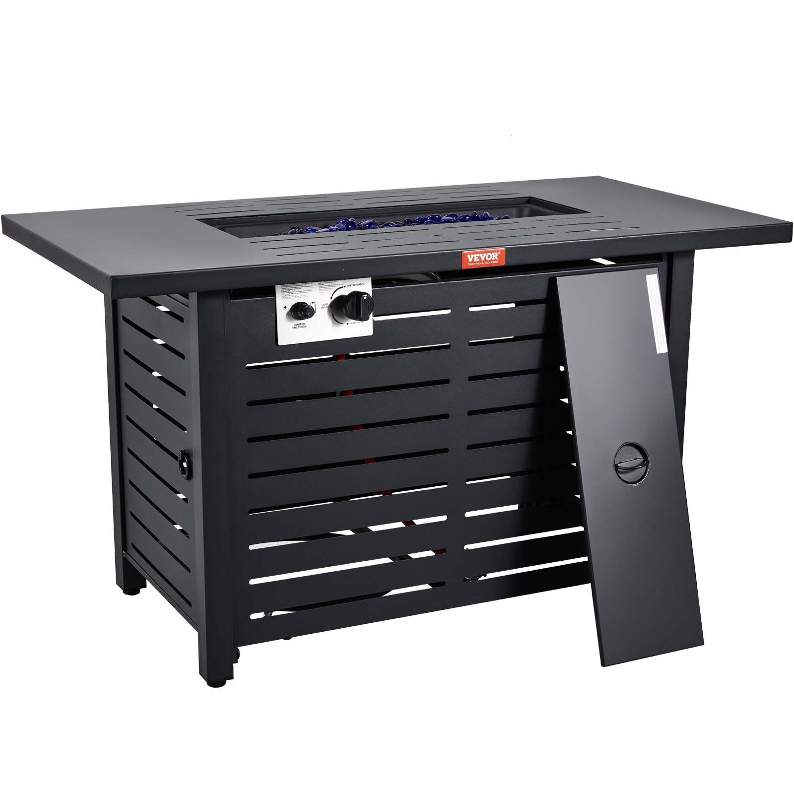 black VEVOR gas fire pit table with slatted design, control panel, and blue glass stones in the fire tray.