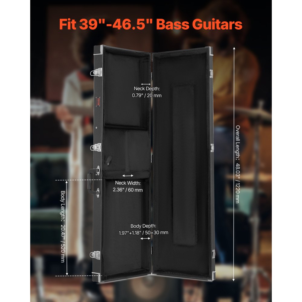 VEVOR Bass Guitar Hard Case, 1220 mm Rectangular Guitar Hard Case, With Lock Latch Keys Handle, PVC Padding Soft Lining Water-Resistant Hard Shell Guitar Case, for 990-1180 mm Bass Guitars, Black