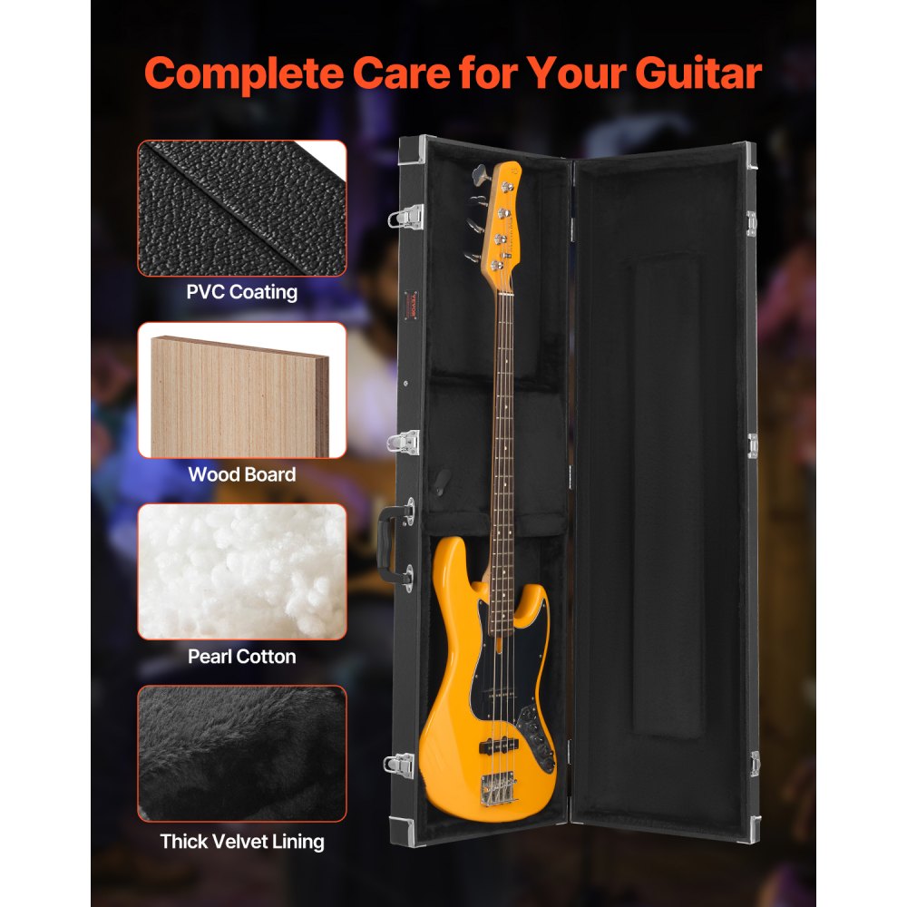 VEVOR Bass Guitar Hard Case, 1220 mm Rectangular Guitar Hard Case, With Lock Latch Keys Handle, PVC Padding Soft Lining Water-Resistant Hard Shell Guitar Case, for 990-1180 mm Bass Guitars, Black