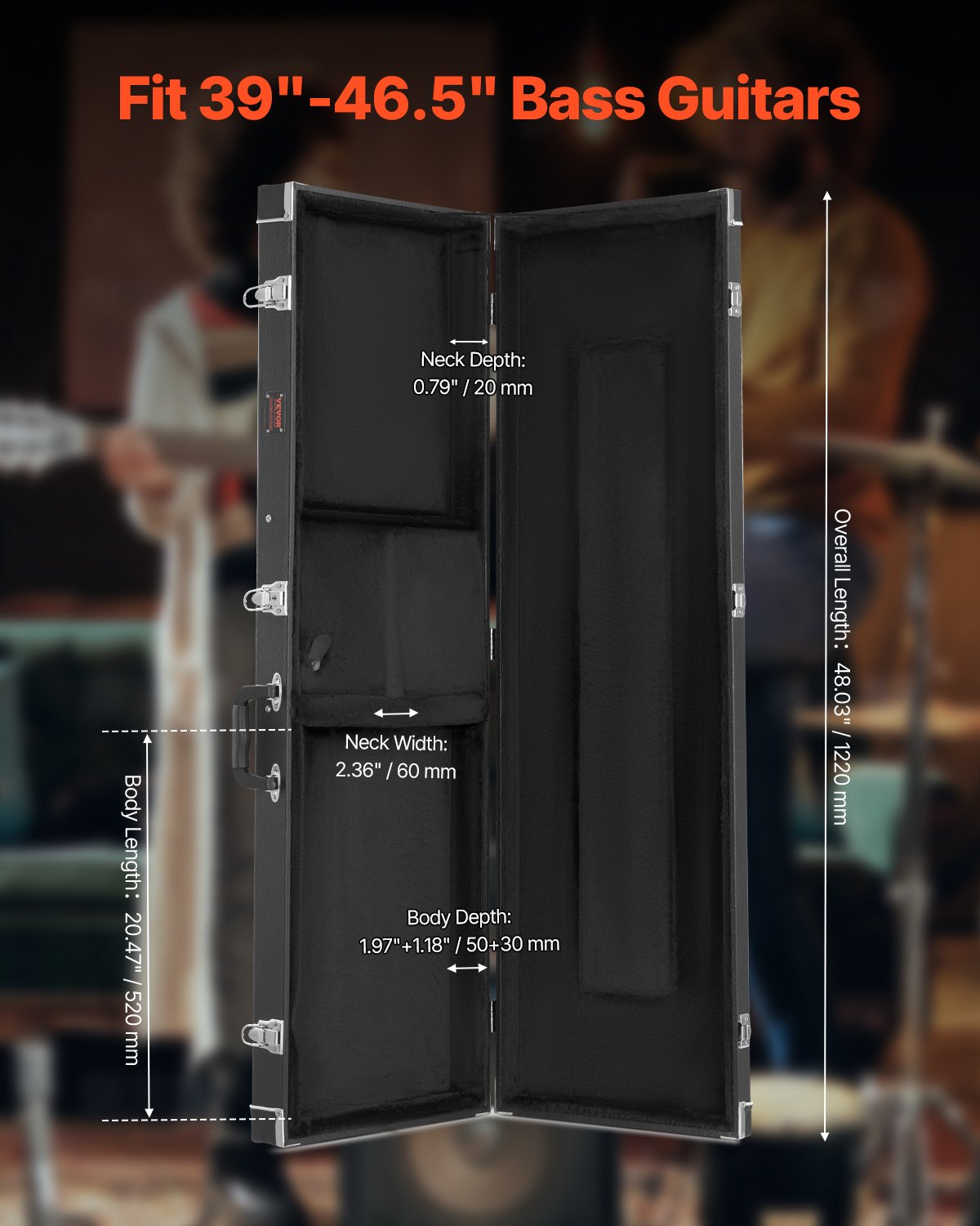 VEVOR Bass Guitar Hard Case, 48.03 in Rectangular Guitar Hard Case, With Lock Latch Keys Handle, PVC Padding Soft Lining Water-Resistant Hard Shell Guitar Cases, for 39-46.5 in Bass Guitars, Black