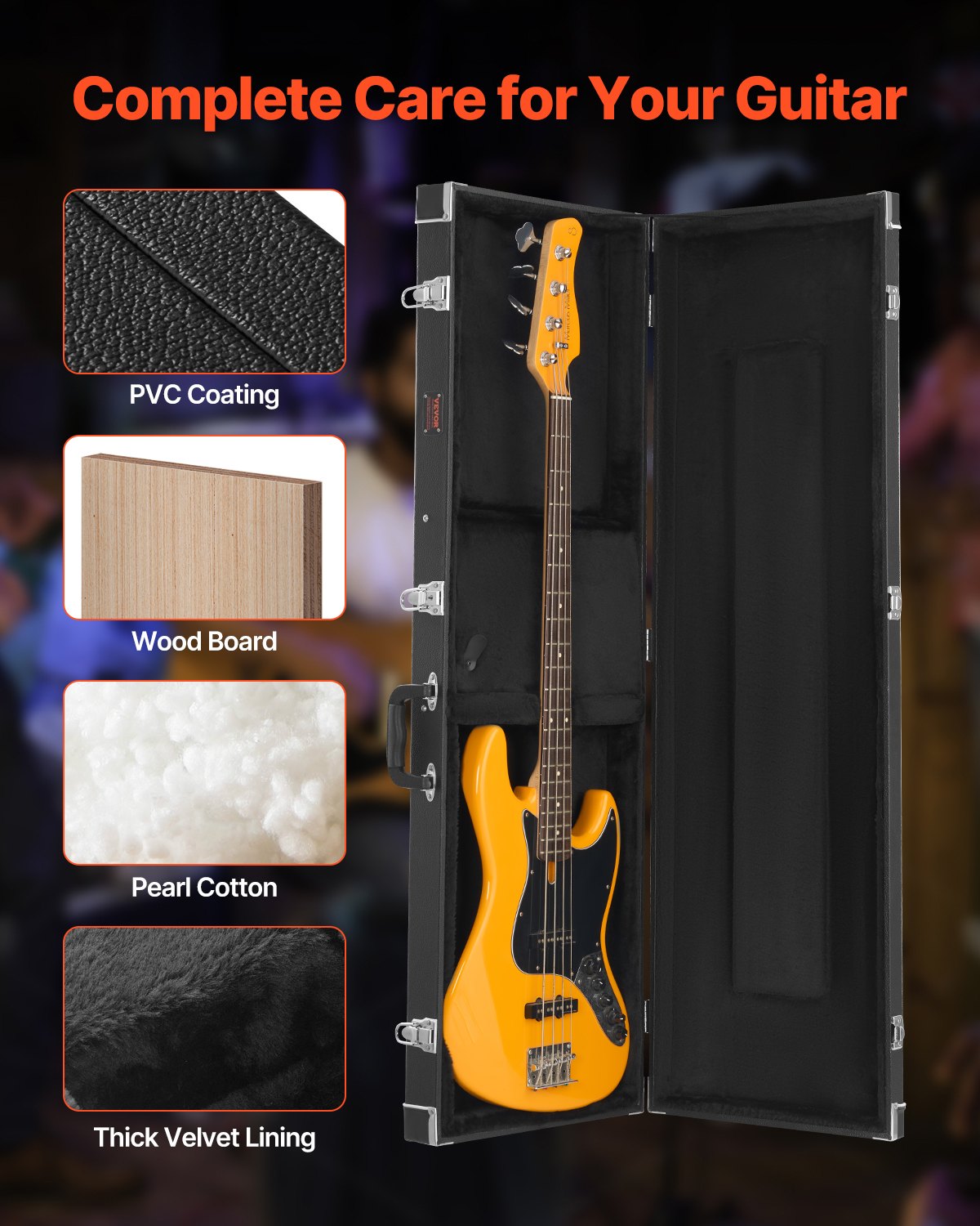 VEVOR Bass Guitar Hard Case, 1220 mm Rectangular Guitar Hard Case, With Lock Latch Keys Handle, PVC Padding Soft Lining Water-Resistant Hard Shell Guitar Case, for 990-1180 mm Bass Guitars, Black
