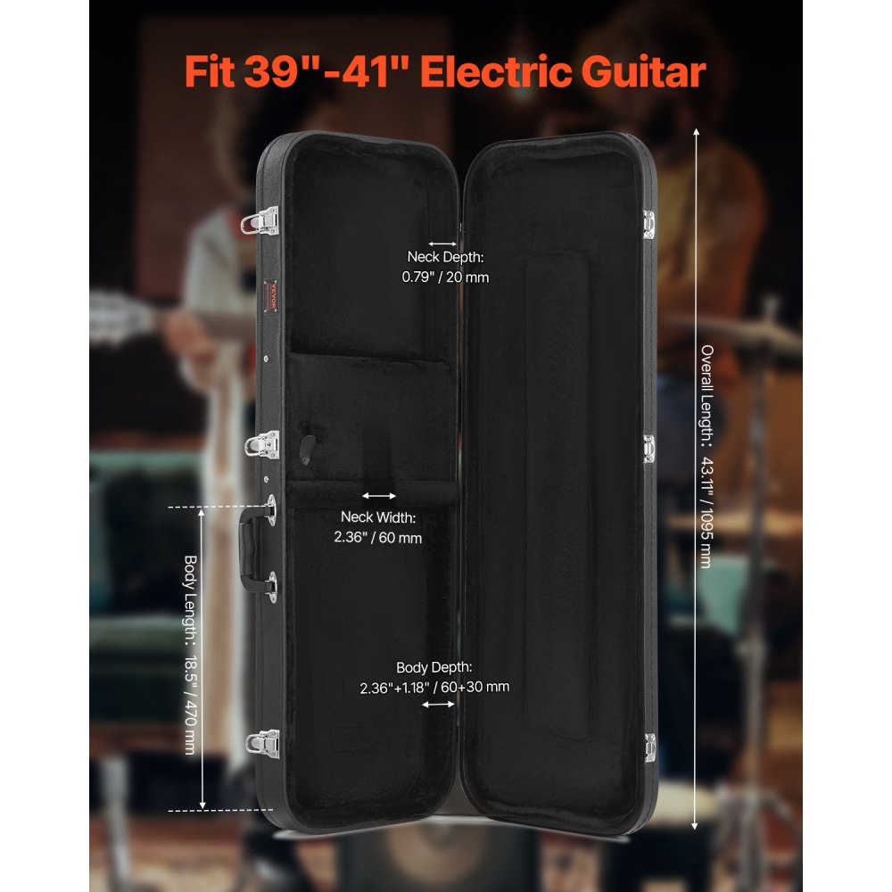 VEVOR Electric Guitar Hard Case, 1095 mm Rectangular Guitar Hard Case, With Lock Latch Keys Handle, PVC Padding Soft Lining Water-Resistant Hard Shell Guitar Cases, for 990 mm Electric Guitars, Black