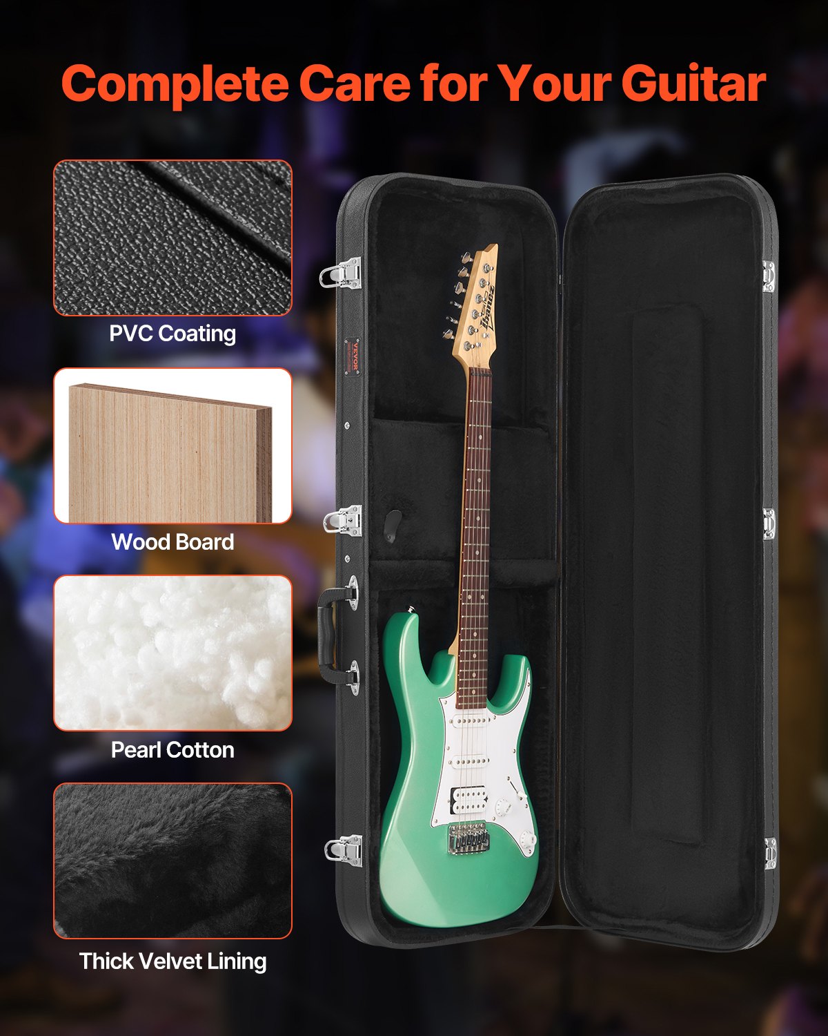 VEVOR Electric Guitar Hard Case, 43.11 in Rectangular Guitar Hard Case, With Lock Latch Keys Handle, PVC Padding Soft Lining Water-Resistant Hard Shell Guitar Cases, for 39 in Electric Guitars, Black