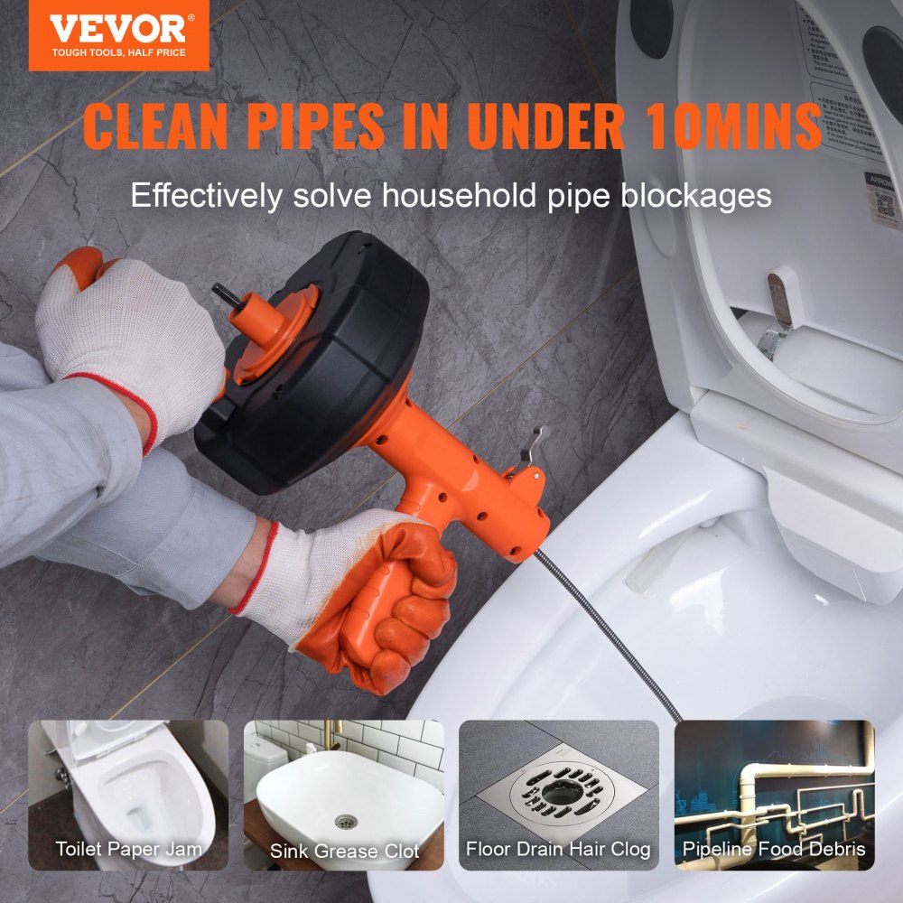 VEVOR Drain Auger 25 pés, encanamento cobra alimentação automática, encanadores cobra com acessório de broca, tubo cobra dreno entupimento removedor para cozinha banheiro pia chuveiro com mangueira protetora e luvas