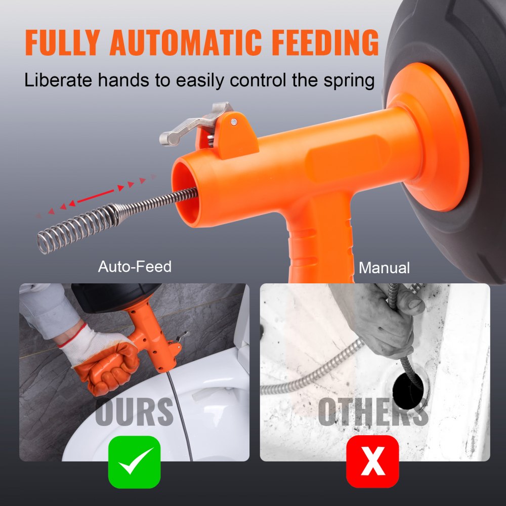 VEVOR Drain Auger 25 pés, encanamento cobra alimentação automática, encanadores cobra com acessório de broca, tubo cobra dreno entupimento removedor para cozinha banheiro pia chuveiro com mangueira protetora e luvas