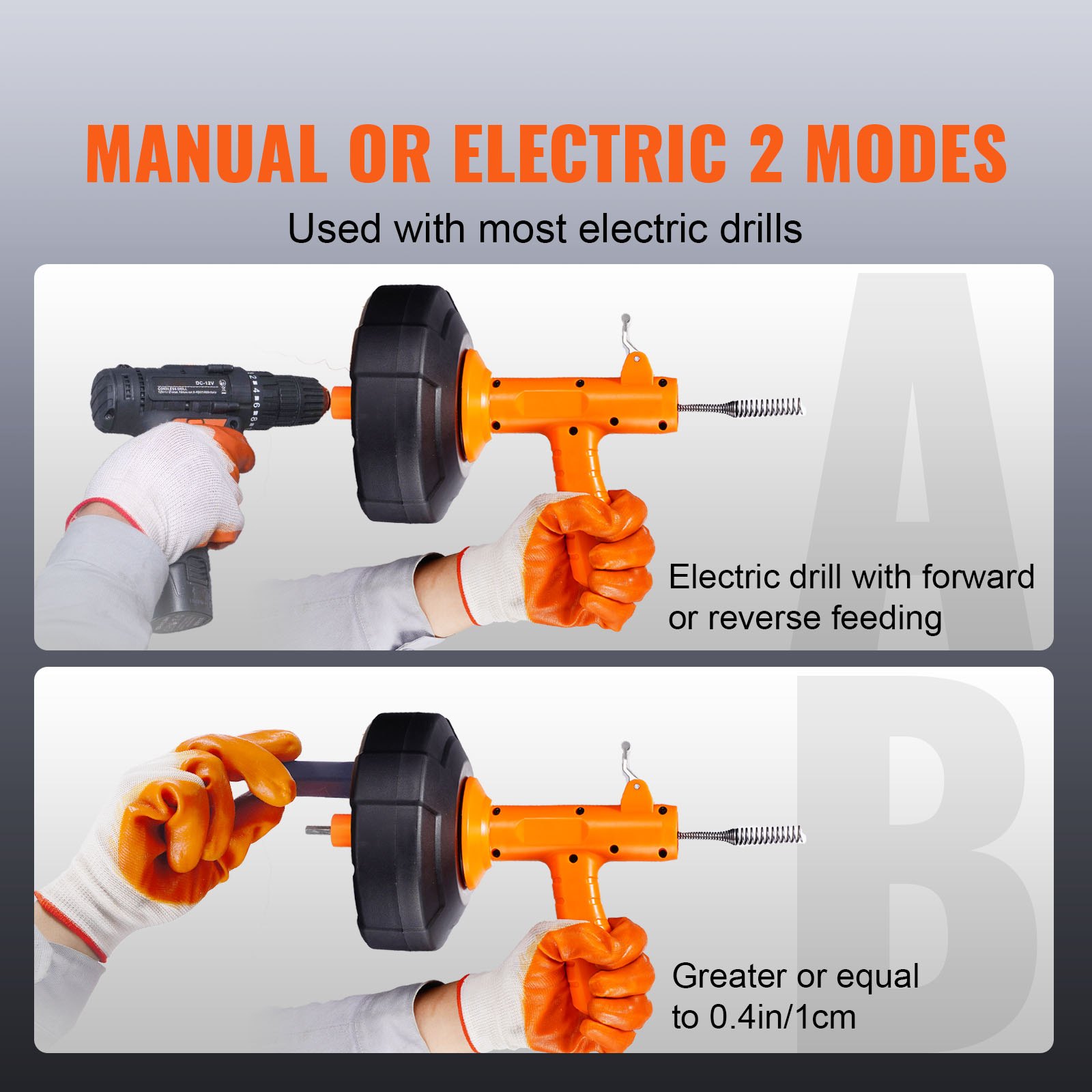 VEVOR drain auger, manual and electric modes, electric drill attachment, easy feed mechanism.