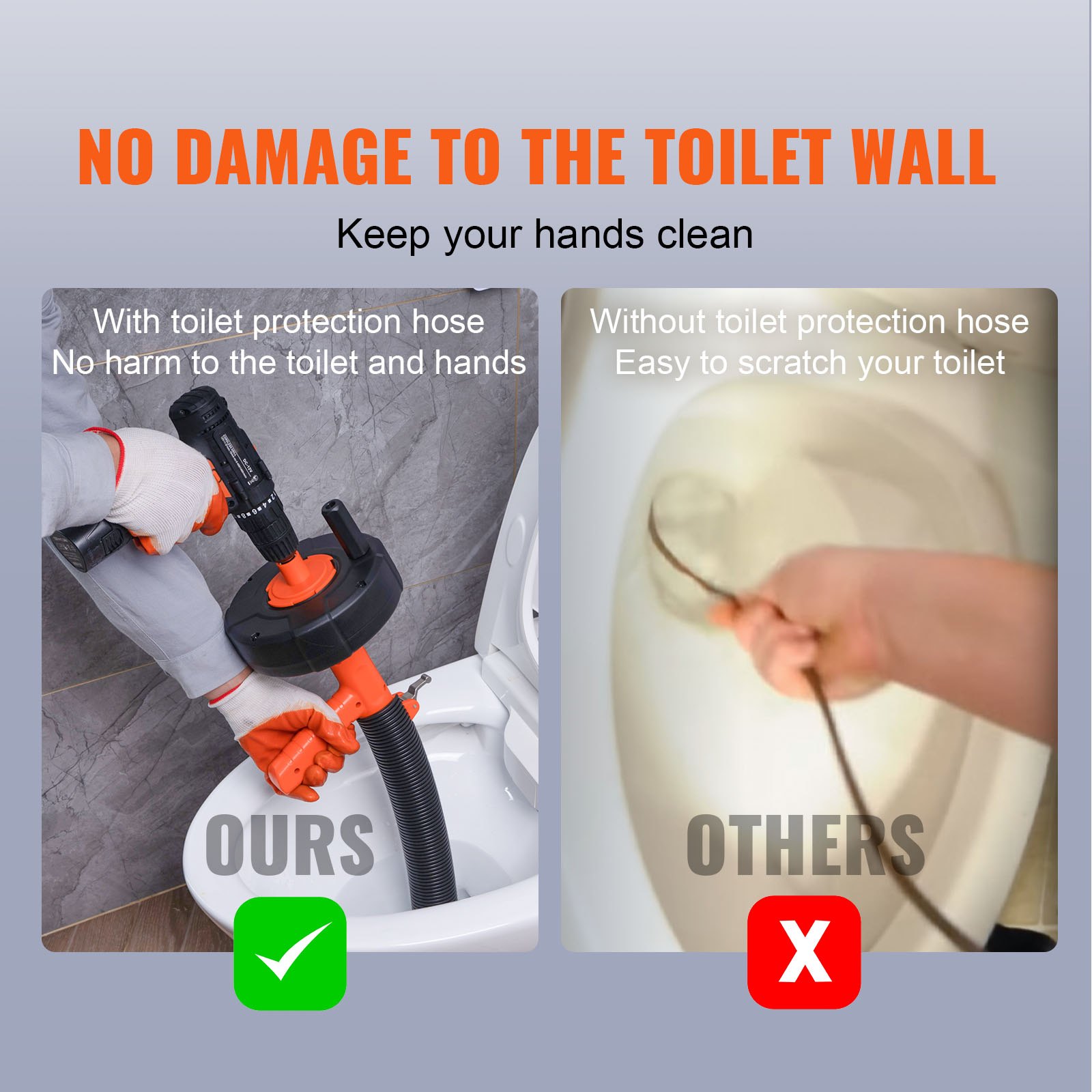 VEVOR drain auger, no damage to toilet wall, with protection hose, comparing safe vs. scratch-prone methods.