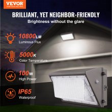 VEVOR Paquete de 2 luces LED de pared, 100 W, 10800 lm, 5000 K, luces comerciales para exteriores, iluminación de seguridad, con detección de luz inteligente, 180 cuentas LED, ahorro de energía para garajes, patios, IP65 a prueba de agua