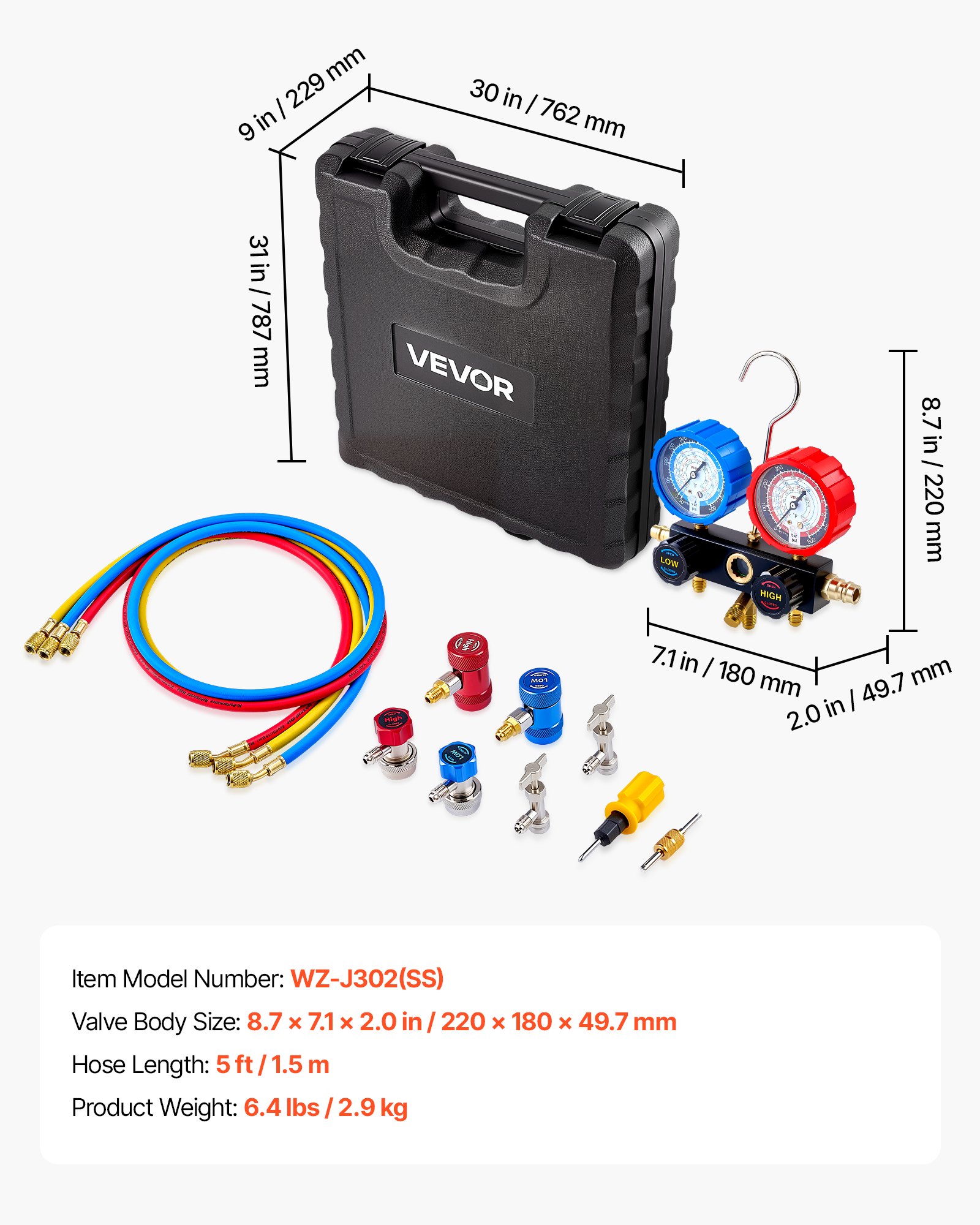 VEVOR AC Manifold Gauge Set for R134a R404A R1234yf R22 Refrigerant, 3 Way AC Gauge with 1.5m Hoses, Adapters, Quick Couplers, Can Taps for Automotive Air Conditioning Maintenance, Charging Evacuation